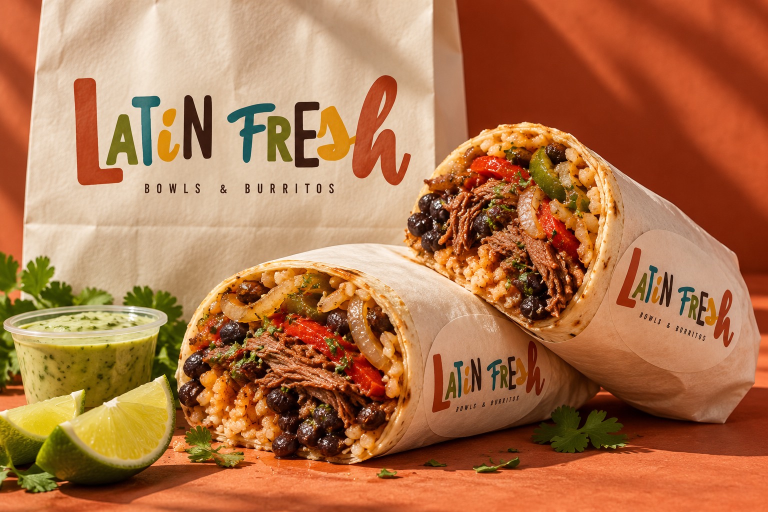 Two Latin Fresh beef burritos with original branded packaging