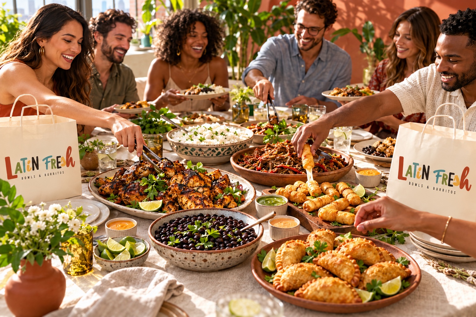 Friends and colleagues sharing a Latin Fresh catering spread