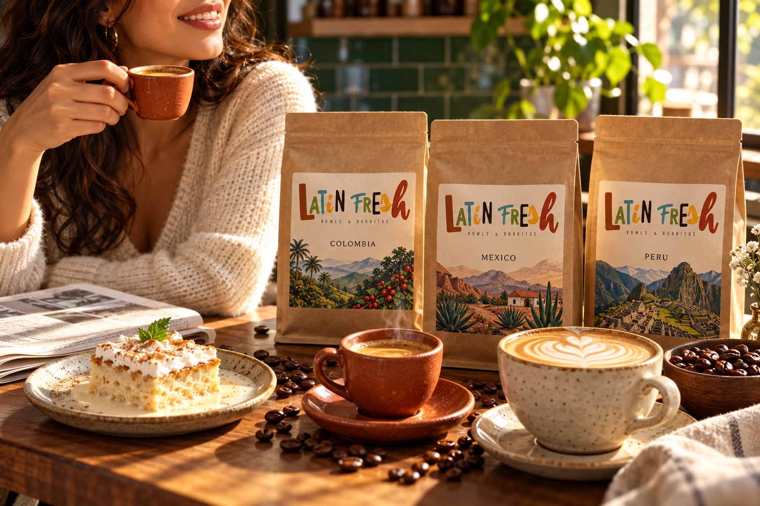 Morning coffee and Latin Fresh coffee bags at a cafe table