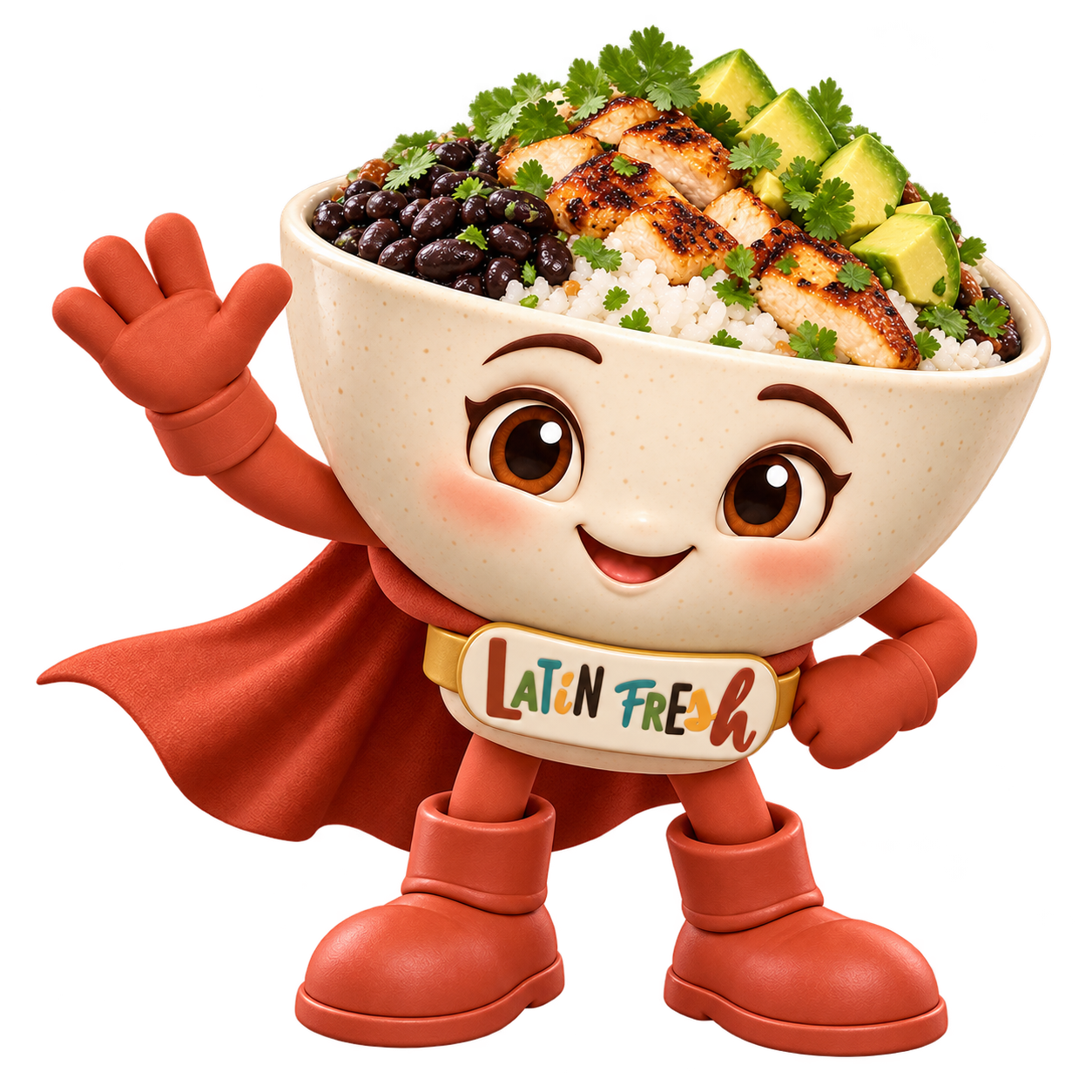 Fresco, a friendly 3D bowl mascot waving hello