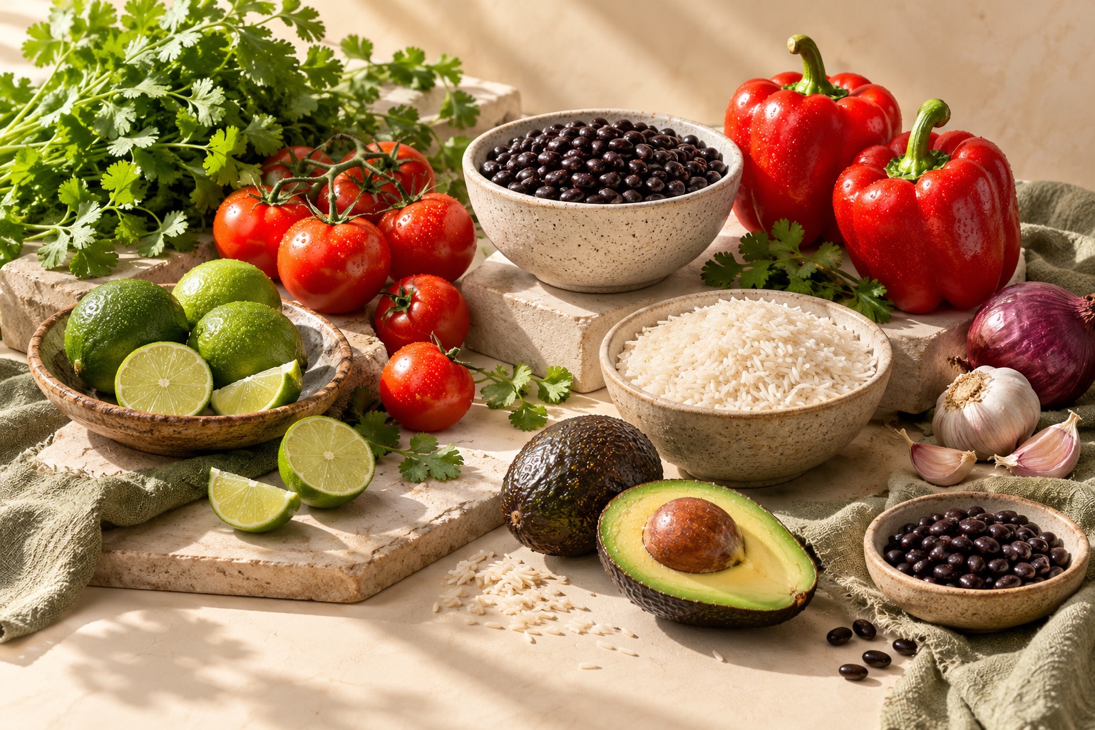 Fresh avocado, limes, tomatoes, herbs and black beans