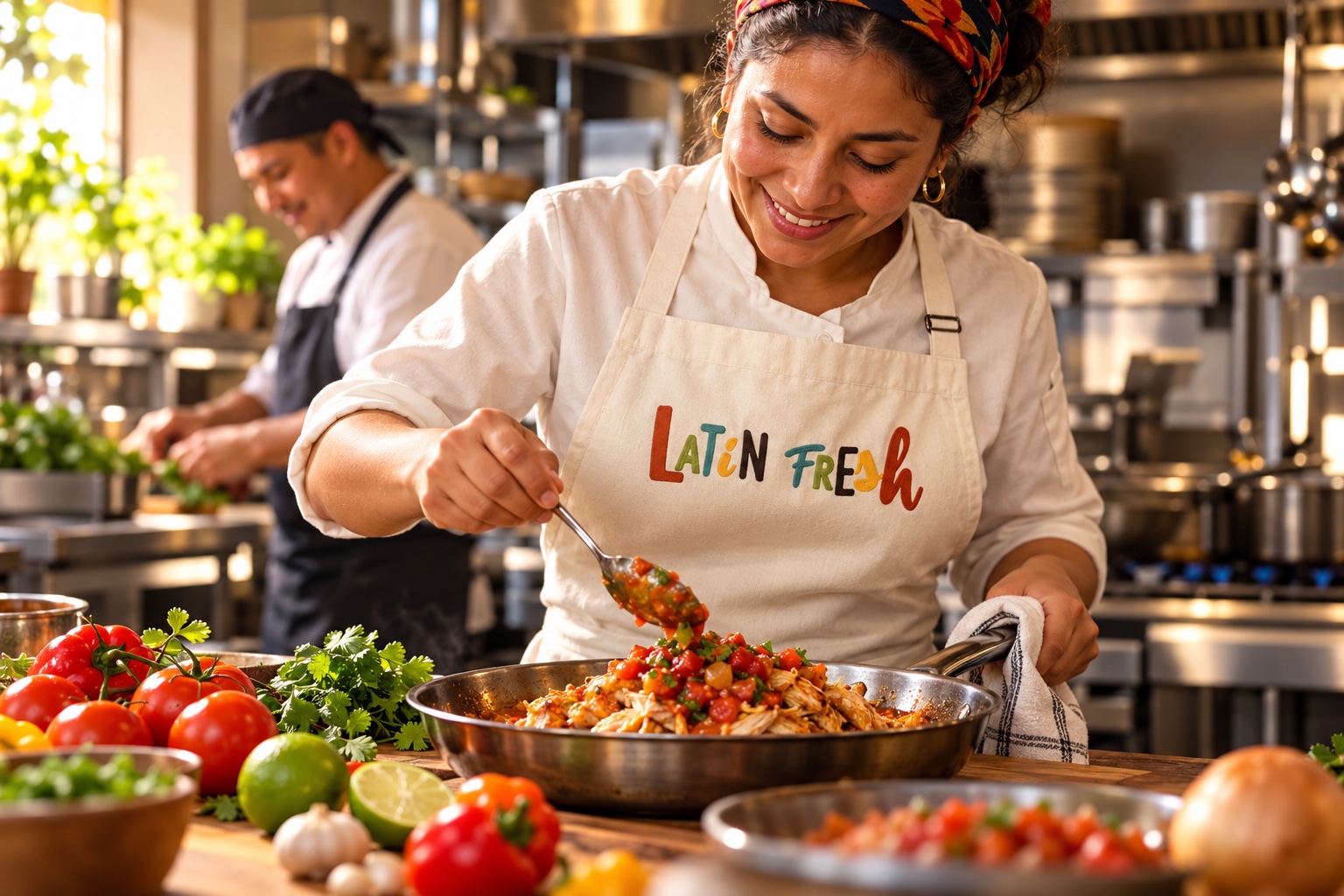 Chef preparing fresh Latin food in a warm kitchen