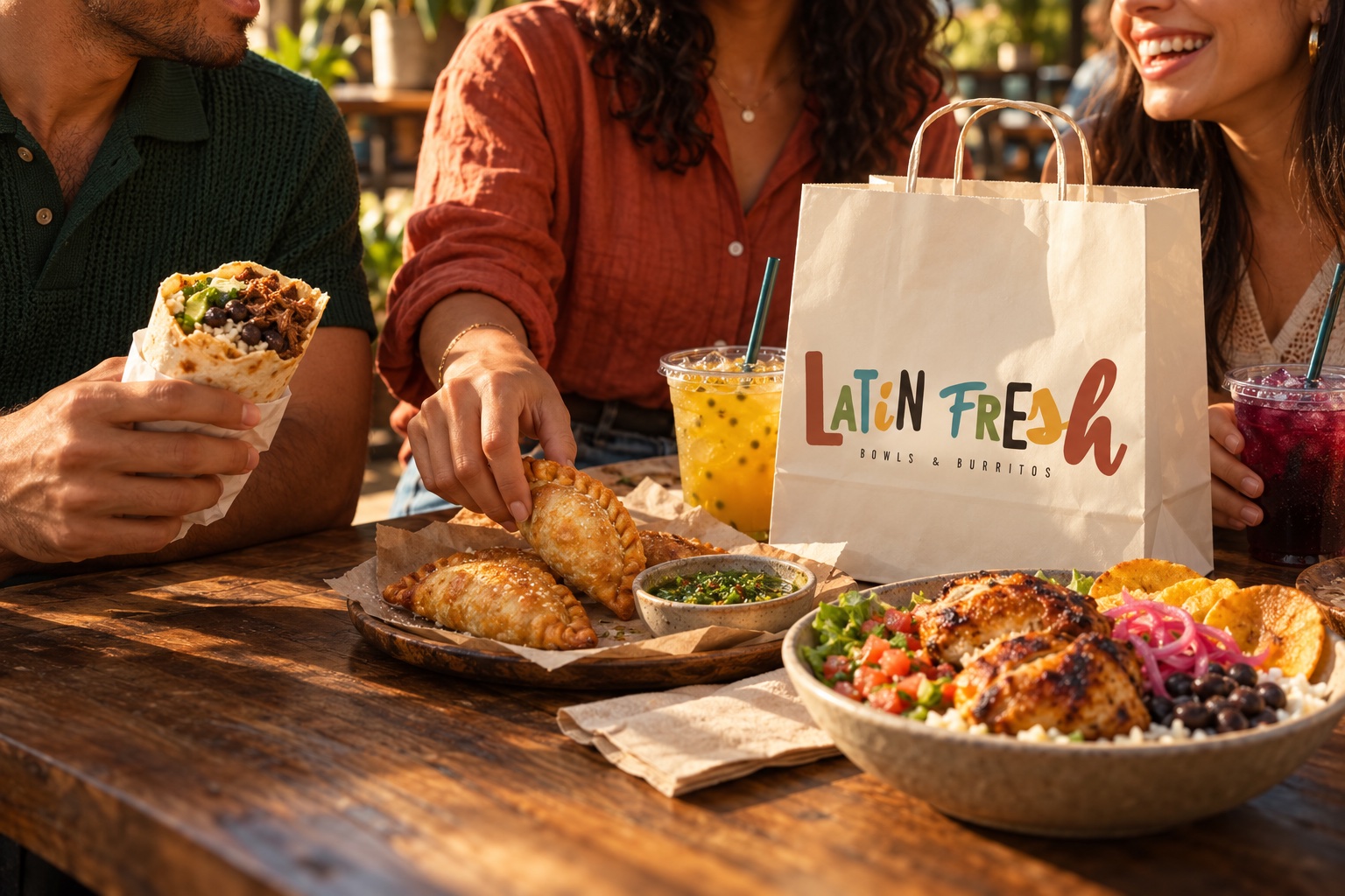 Friends sharing Latin Fresh bowls, burritos and fruit drinks around a sunlit table