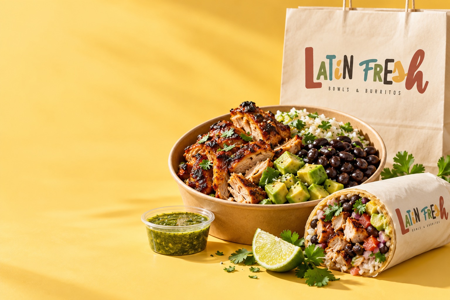 Latin Fresh Peruvian roast chicken bowl and branded takeaway packaging